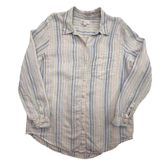 Gap Linen Pastel Striped Boyfriend Fit Button Up Top Beachy Boho Preppy Womens L - Picture 4 of 10